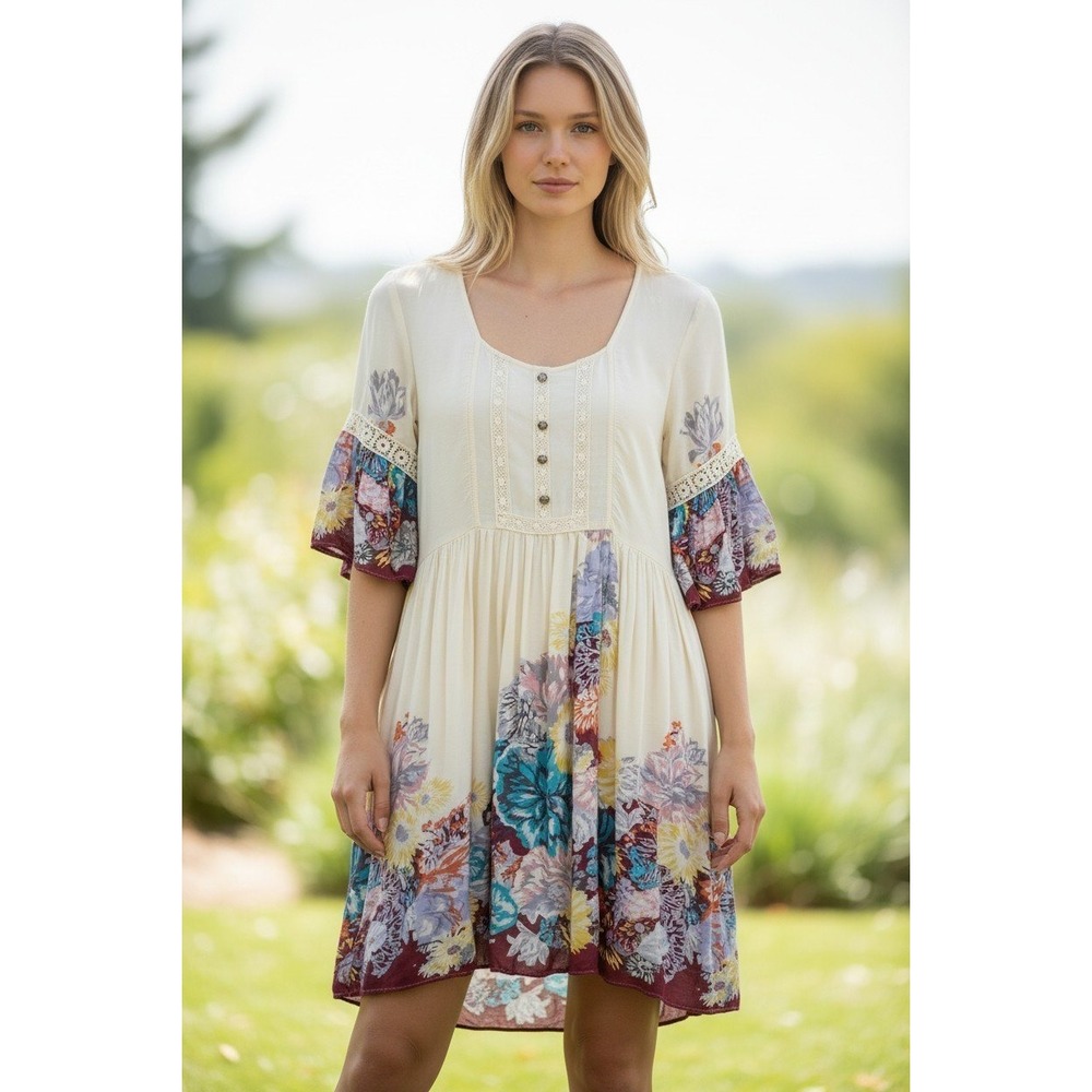Umgee USA Cream Floral Boho Babydoll Dress Bell Sleeve Small